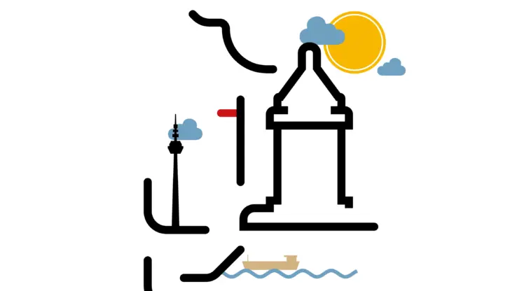 KI-basierte Bildbeschreibung: Minimalistische Illustration eines Stadtplans mit einfachen schwarzen Linien, die einen Turm, ein Kuppelgebäude, ein Schiff auf dem Wasser, eine gelbe Sonne und blaue Wolken auf weißem Hintergrund zeigen.