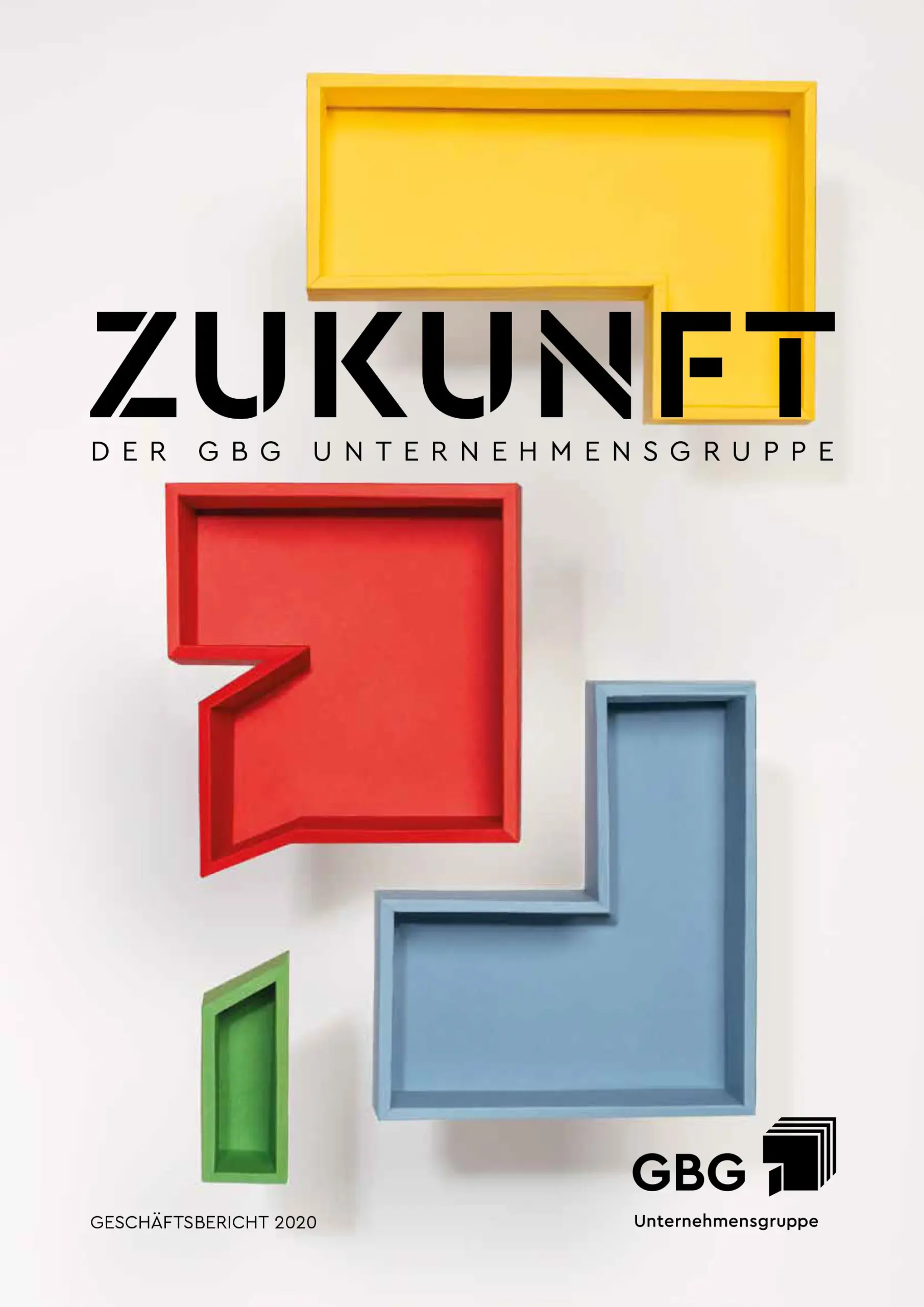 KI-basierte Bildbeschreibung: Vier bunte, dreidimensionale geometrische Formen (gelb, rot, blau und grün), die an Blöcke erinnern, sind auf einem weißen Hintergrund angeordnet. Oben steht der deutsche Text Zukunft der GBG Unternehmensgruppe.