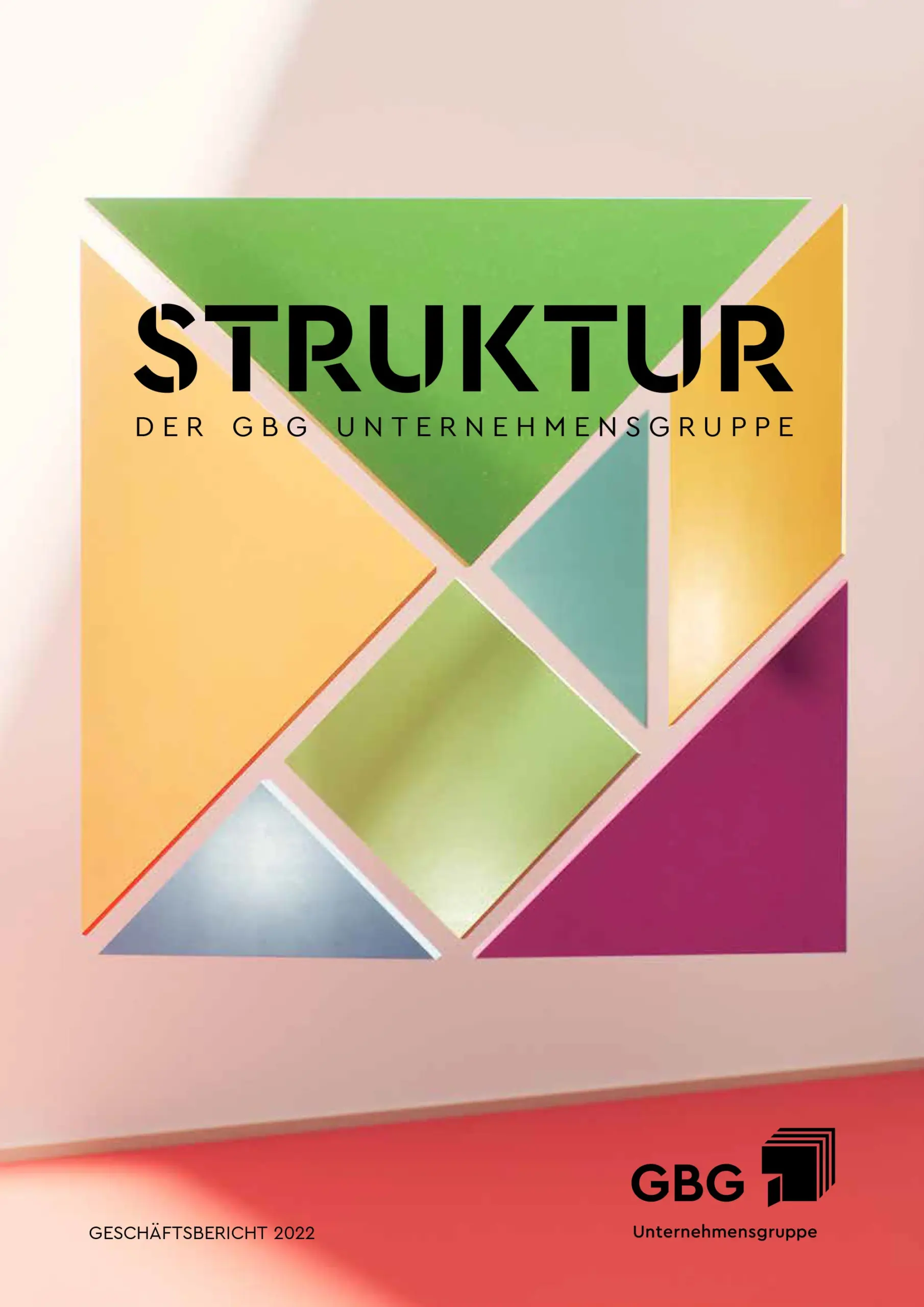 KI-basierte Bildbeschreibung: Umschlag eines Berichts mit dem Titel STRUKTUR DER GBG UNTERNEHMENSGRUPPE mit einem bunten geometrischen Muster aus Dreiecken und Vierecken auf weißem Hintergrund. Logos und Text erscheinen am unteren Rand.