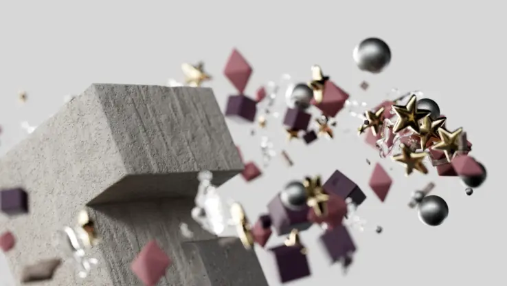 KI-basierte Bildbeschreibung: Abstraktes Bild, das einen Betonblock mit goldenen Sternen, violetten Würfeln, silbernen Kugeln und glitzernden Partikeln zeigt, die in der Luft schweben und sich vor einem schlichten grauen Hintergrund verstreuen.
